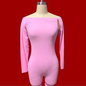 SKIMS Fits Everybody Picot Off The Shoulder Onesie in Bubblegum Pink